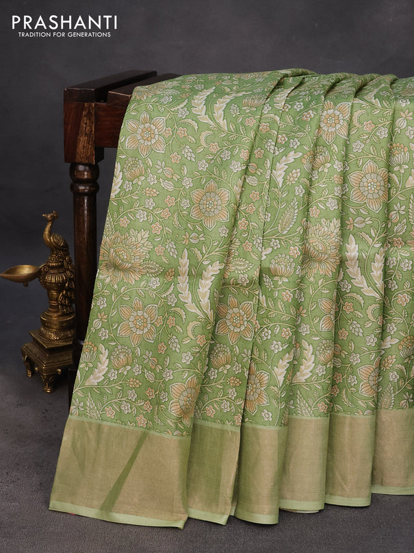 Pure tussar silk saree green shade with allover kalamkari prints and zari woven border