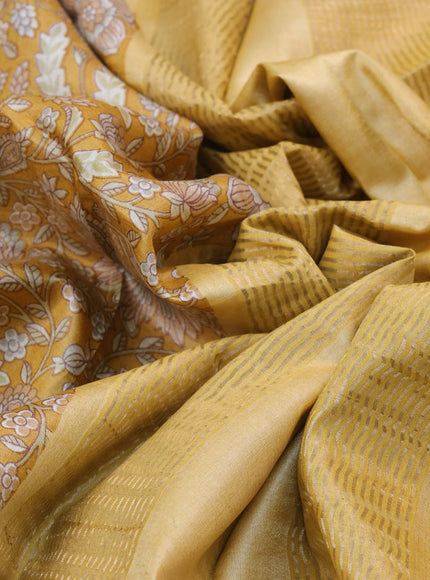 Pure tussar silk saree mustard yellow with allover kalamkari prints and zari woven border