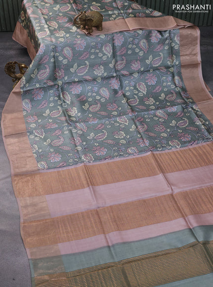 Pure tussar silk saree pastel green and pastel brown with allover kalamkari prints and zari woven border