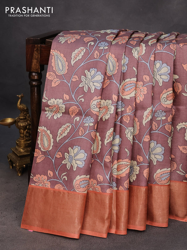 Pure tussar silk saree brown and orange with allover kalamkari prints and zari woven border