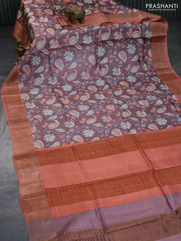 Pure tussar silk saree brown and orange with allover kalamkari prints and zari woven border