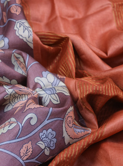 Pure tussar silk saree pastel green and pastel brown with allover kalamkari prints and zari woven border