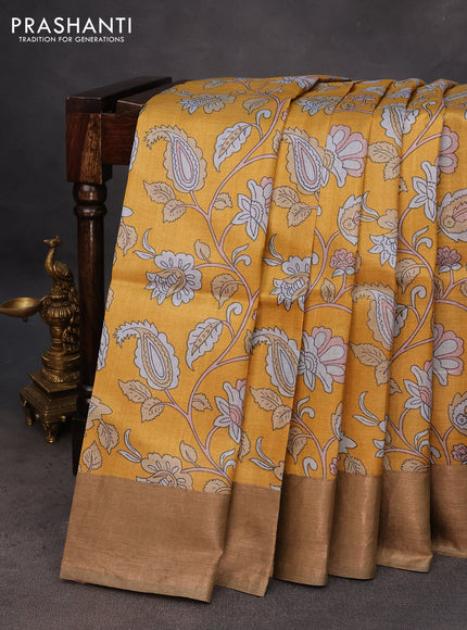 Pure tussar silk saree brown and orange with allover kalamkari prints and zari woven border