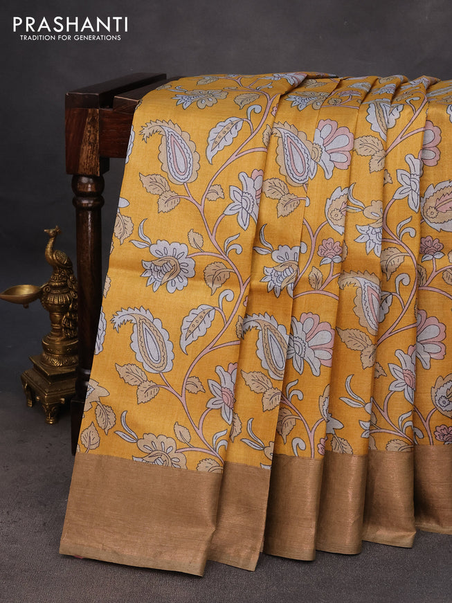 Pure tussar silk saree brown and orange with allover kalamkari prints and zari woven border