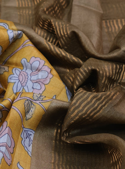 Pure tussar silk saree brown and orange with allover kalamkari prints and zari woven border