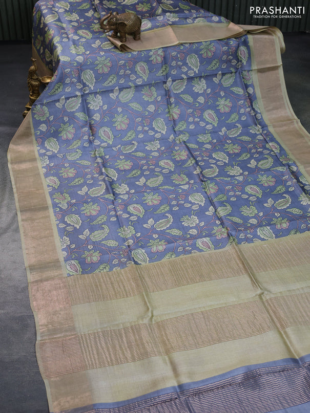 Pure tussar silk saree grey and pista green with allover kalamkari prints and zari woven border