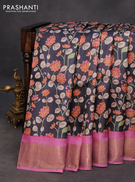 Pure tussar silk saree elephant grey and pink with allover kalamkari prints and zari woven border