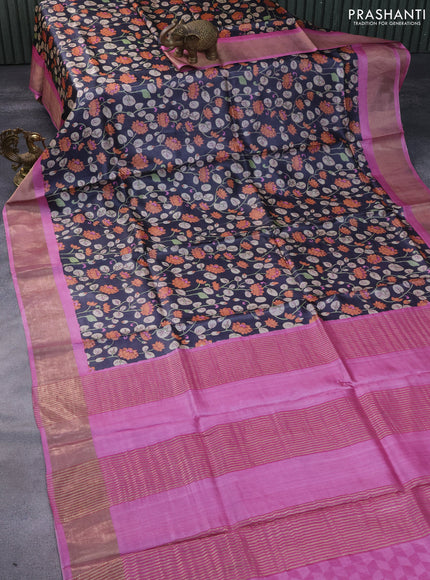 Pure tussar silk saree elephant grey and pink with allover kalamkari prints and zari woven border