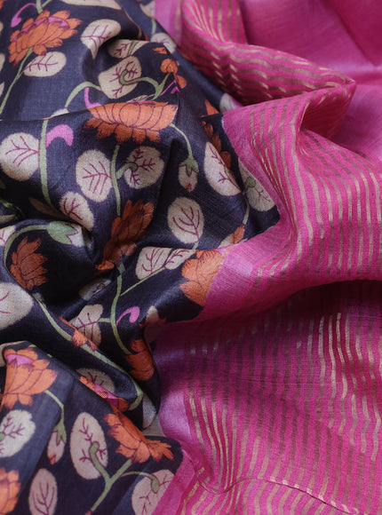 Pure tussar silk saree elephant grey and pink with allover kalamkari prints and zari woven border