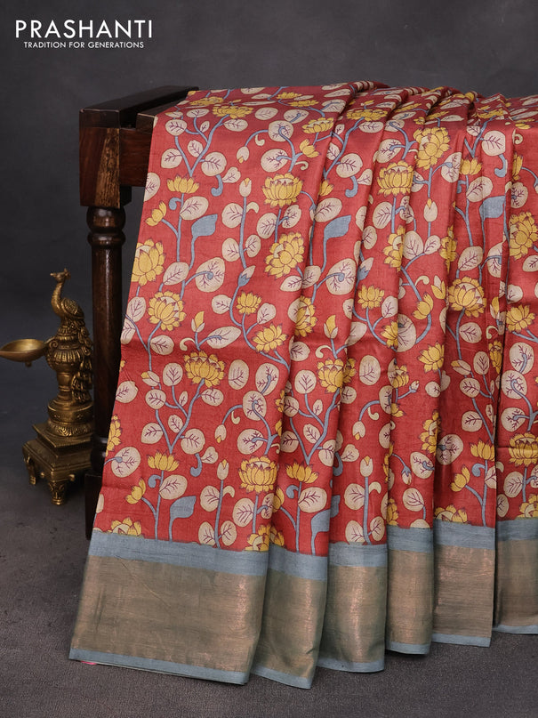 Pure tussar silk saree rust shade and grey with allover kalamkari prints and zari woven border