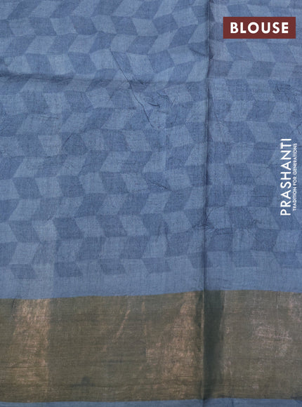 Pure tussar silk saree grey and pista green with allover kalamkari prints and zari woven border