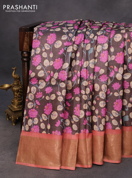 Pure tussar silk saree rust shade and grey with allover kalamkari prints and zari woven border