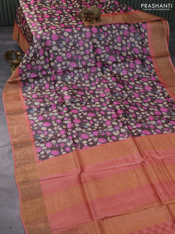 Pure tussar silk saree brown and peach shade with allover kalamkari prints and zari woven border