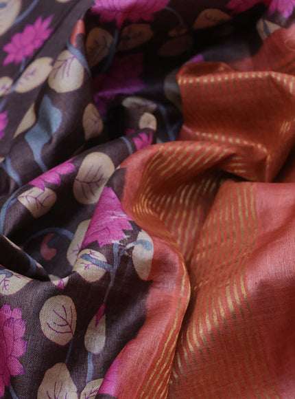 Pure tussar silk saree rust shade and grey with allover kalamkari prints and zari woven border