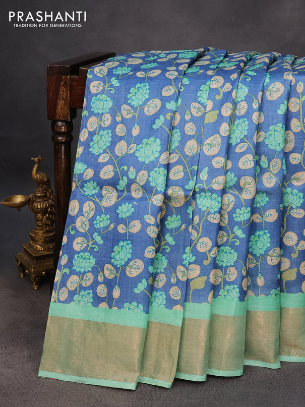 Pure tussar silk saree blue and pastel green with allover kalamkari prints and zari woven border