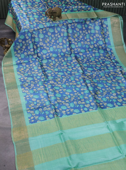 Pure tussar silk saree blue and pastel green with allover kalamkari prints and zari woven border