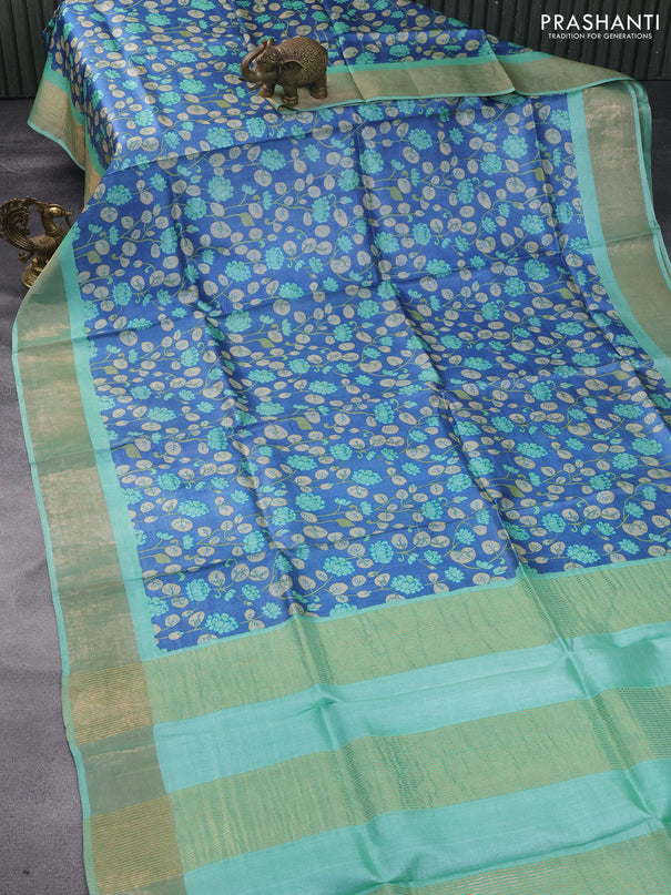 Pure tussar silk saree blue and pastel green with allover kalamkari prints and zari woven border