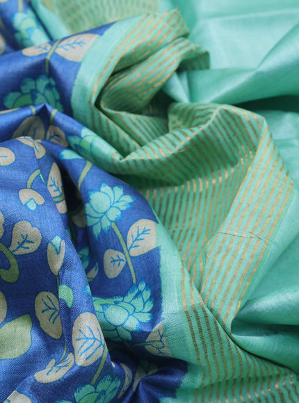 Pure tussar silk saree blue and pastel green with allover kalamkari prints and zari woven border