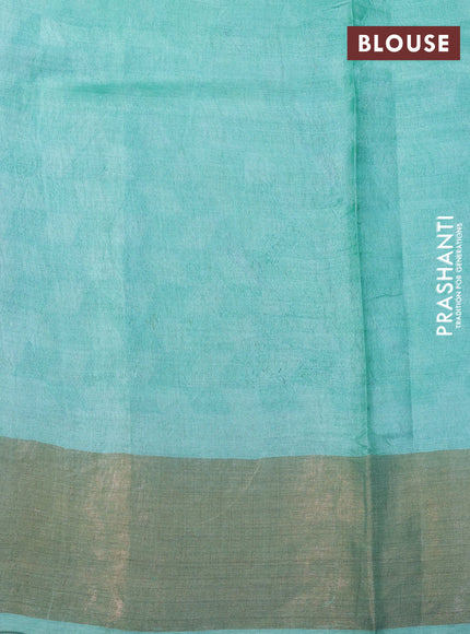 Pure tussar silk saree blue and pastel green with allover kalamkari prints and zari woven border