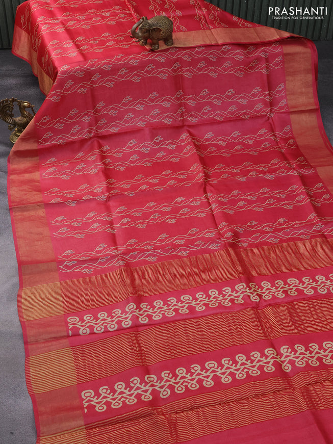 Pure tussar silk saree light blue with allover prints and zari woven border