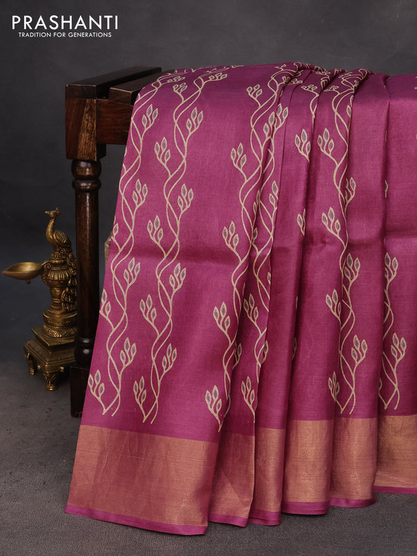 Pure tussar silk saree purple with allover prints and zari woven border