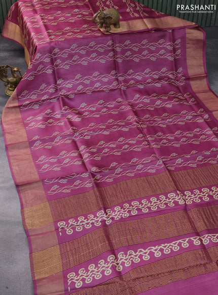 Pure tussar silk saree reddish pink with allover prints and zari woven border