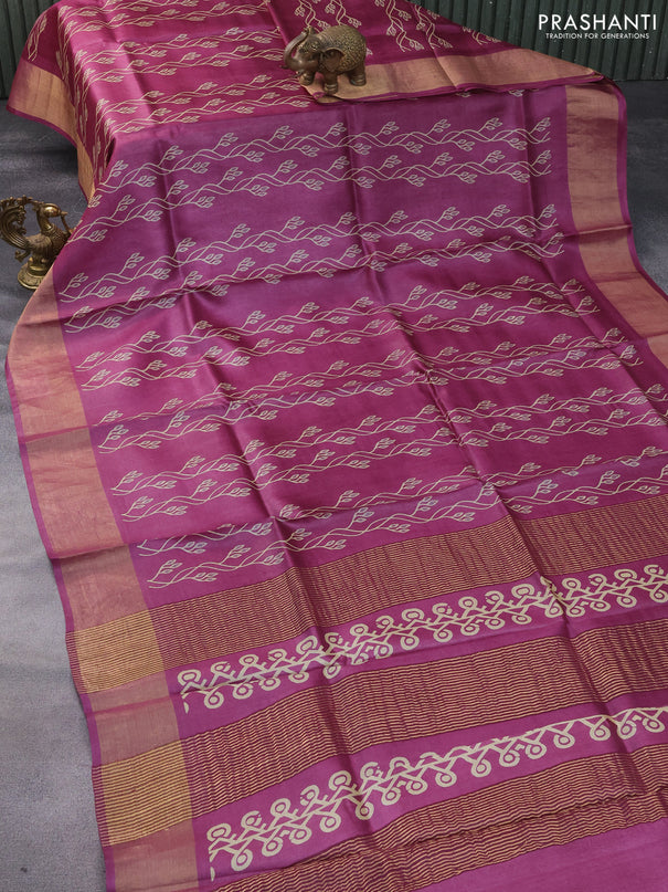 Pure tussar silk saree purple with allover prints and zari woven border