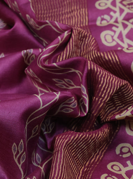 Pure tussar silk saree reddish pink with allover prints and zari woven border