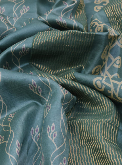 Pure tussar silk saree pastel green with allover prints and zari woven border