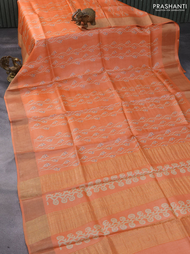 Pure tussar silk saree purple with allover prints and zari woven border