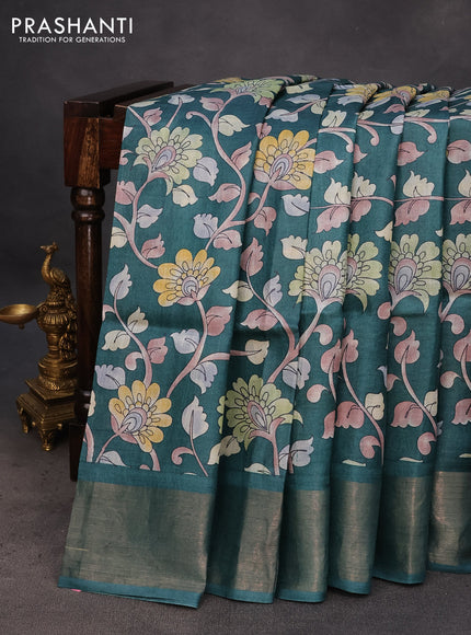 Pure tussar silk saree peacock green with allover kalamkari prints and zari woven border