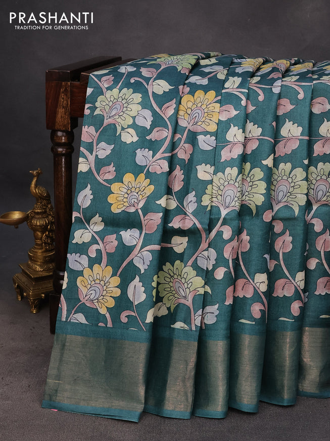 Pure tussar silk saree peacock green with allover kalamkari prints and zari woven border