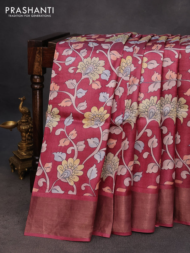 Pure tussar silk saree maroon with allover kalamkari prints and zari woven border