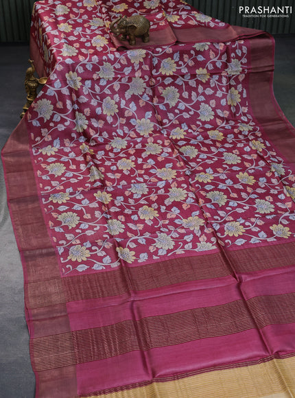 Pure tussar silk saree peacock green with allover kalamkari prints and zari woven border