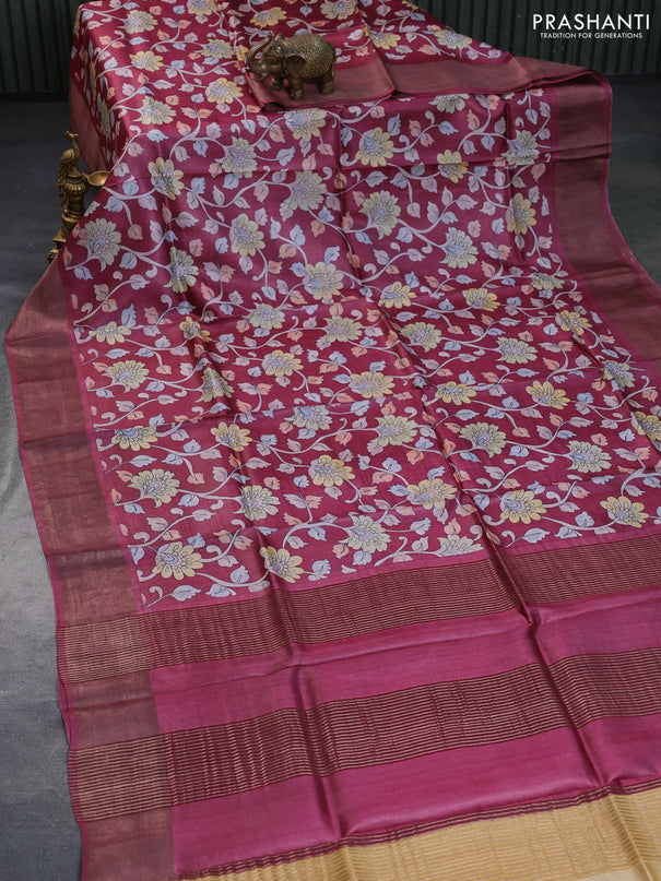 Pure tussar silk saree maroon with allover kalamkari prints and zari woven border