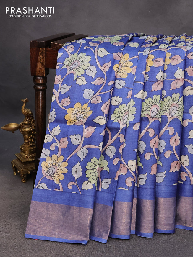 Pure tussar silk saree blue with allover kalamkari prints and zari woven border