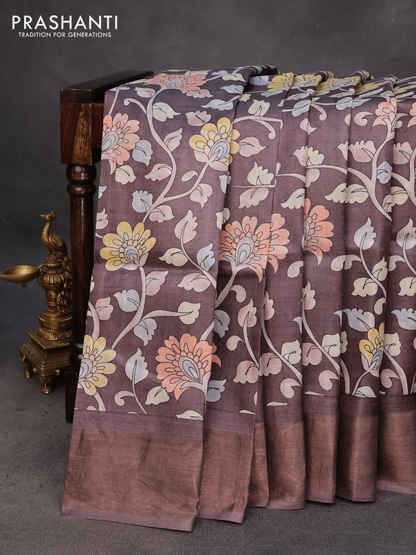 Pure tussar silk saree brown with allover kalamkari prints and zari woven border