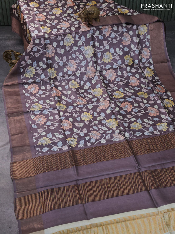 Pure tussar silk saree brown with allover kalamkari prints and zari woven border