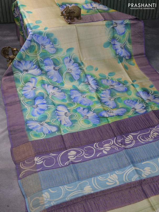 Pure tussar silk saree sandal and violet with hand painted floral prints and zari woven border