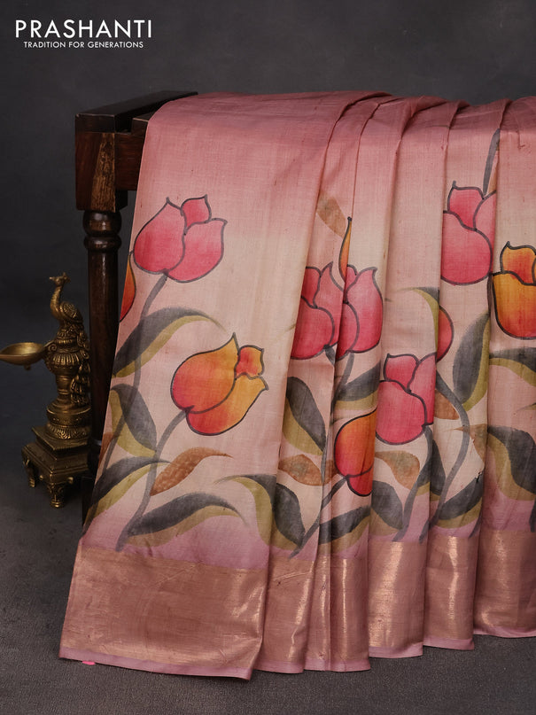 Pure tussar silk saree pastel peach shade and mauve pink with hand painted floral prints and zari woven border