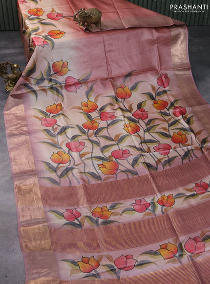 Pure tussar silk saree pastel peach shade and mauve pink with hand painted floral prints and zari woven border