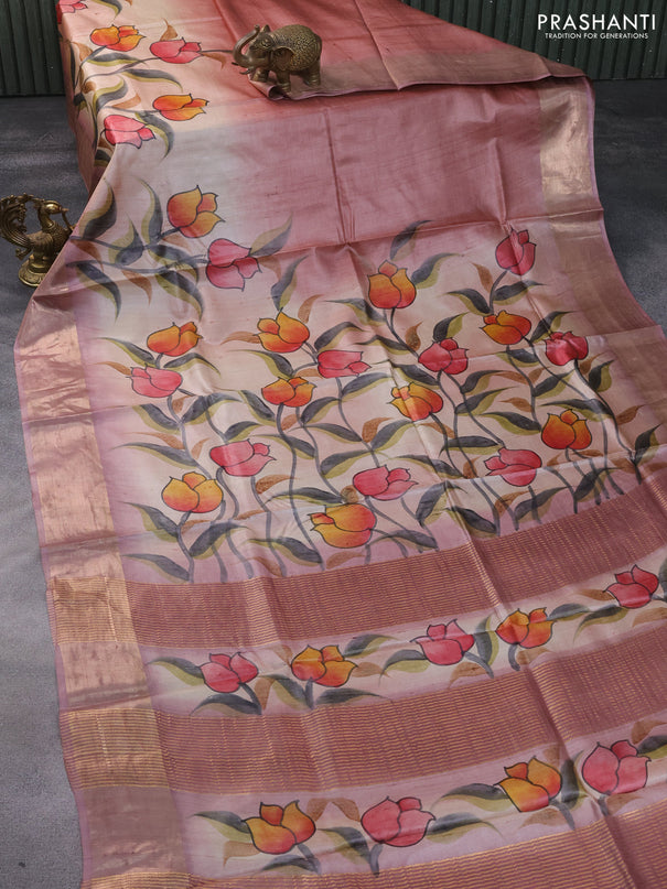 Pure tussar silk saree pastel peach shade and mauve pink with hand painted floral prints and zari woven border