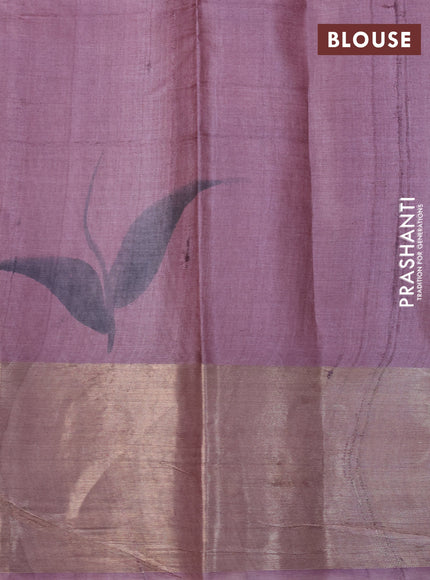 Pure tussar silk saree pastel peach shade and mauve pink with hand painted floral prints and zari woven border