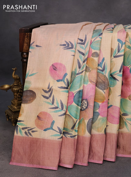 Pure tussar silk saree cream and mauve pink with hand painted floral prints and zari woven border