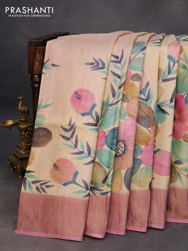 Pure tussar silk saree cream and mauve pink with hand painted floral prints and zari woven border