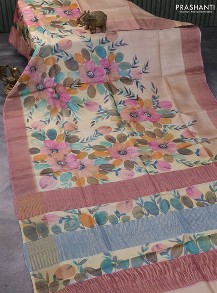 Pure tussar silk saree cream and mauve pink with hand painted floral prints and zari woven border