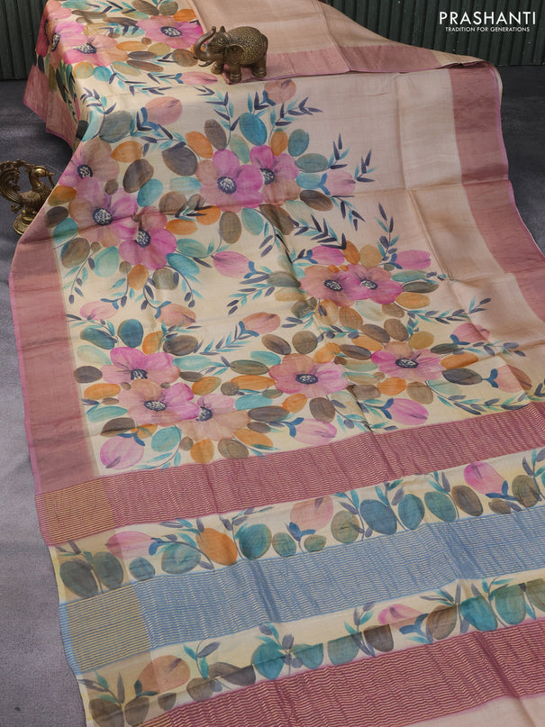 Pure tussar silk saree cream and mauve pink with hand painted floral prints and zari woven border