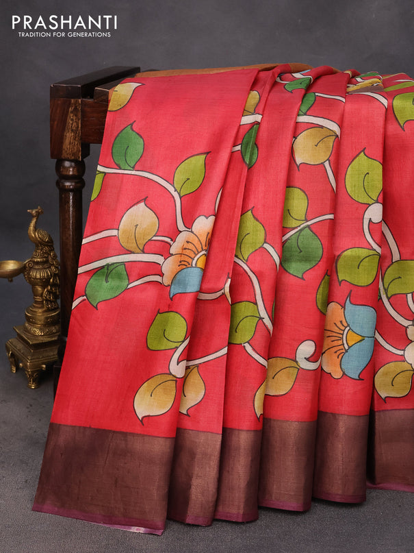 Pure tussar silk saree red and wine shade with allover kalamkari hand painted prints and zari woven border