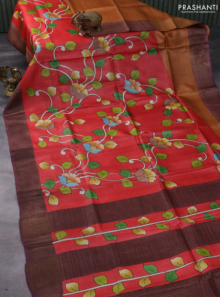 Pure tussar silk saree red and wine shade with allover kalamkari hand painted prints and zari woven border