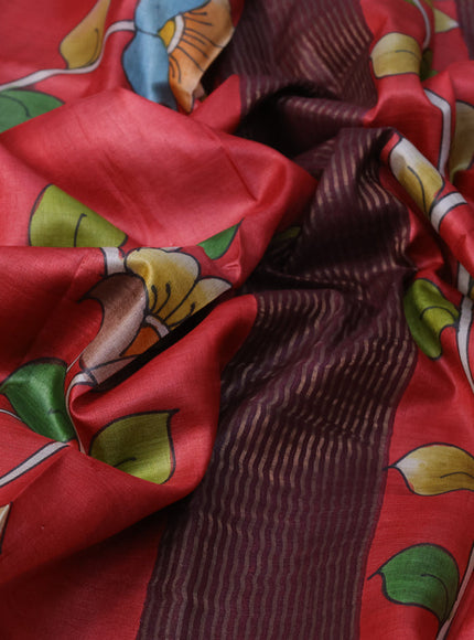 Pure tussar silk saree red and wine shade with allover kalamkari hand painted prints and zari woven border